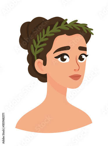 A girl with an olive wreath on her head. Flat vector clipart, illustration with isolated background.