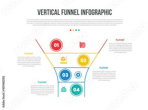 funnel vertical shape infographics template diagram with open line container box with circle side by side with 4 point step creative simple flat outline