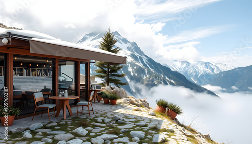 Outdoor cafe on mountain, minimalism. White tone