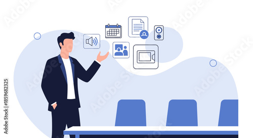 Professional presentation in conference room featuring business icons and an engaging speaker