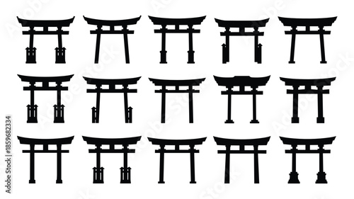 Fifteen Black Silhouettes of Japanese Torii Gates in Rows japanese gate shinto shrine