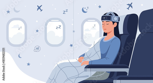 Relaxed airplane journey: Woman sleeping with innovative device for deep slumber onboard