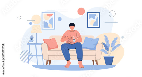 Relaxed individual interacting with smartwatch on couch in modern living space design