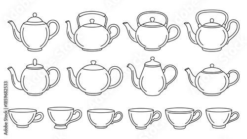 Line Drawing Collection of Various Teapots and Teacups in Black and White Keywords: teapot, teapots, teacup, teacups, tea, drink, beverage, hot, warm, kitchen, kitchenware, tableware, ceramic
