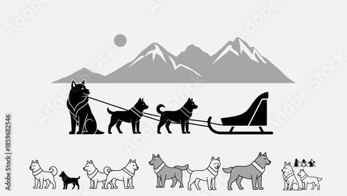 Sled Dogs Harness Team Illustration Graphic.