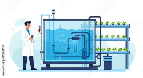 Scientist monitoring a hydroponic system for sustainable agriculture and food production innovation