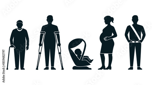 Silhouettes Of People Representing Different Life Stages And Needs elderly cane