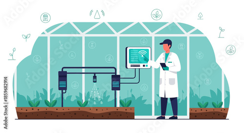 Smart greenhouse with automated irrigation system managed by a technician for efficient crop
