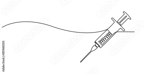 Animated self drawing of continuous line draw medical disposable syringe with needle. Applicable for vaccine injection, vaccination logo. Plastic syringe with needle. Full length single line animation