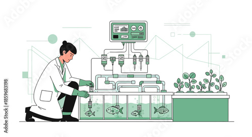 Sustainable aquaponics research,scientist analyzing symbiotic system for fish and plant