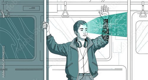 Technological augmentation interface of a young man on subway train ride in future cities