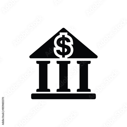 Solid black silhouette of a classic bank building with columns and dollar sign, symbolizing financial institutions, wealth, and banking services.