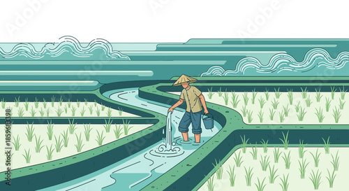 Tranquil Asian Rice Field Irrigation: A Harmonious Blend of Agriculture and Nature Depiction