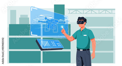 Virtual Reality Drone Control Interface: A man controlling a drone using VR technology inside a