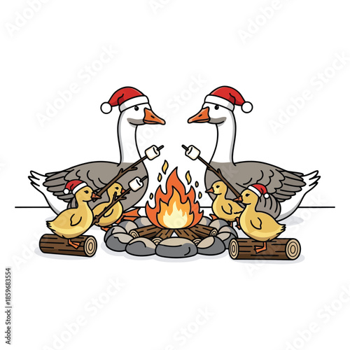 Two large geese and small ducklings roast sweet treats over outdoor campfire wearing seasonal hats