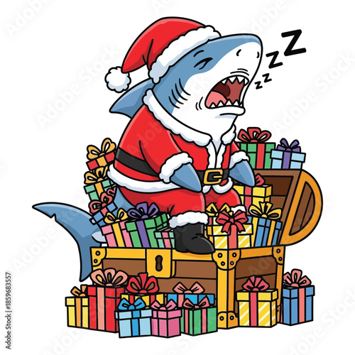 Exhausted cartoon shark dressed as festive gift giver sleeping atop a chest full of presents