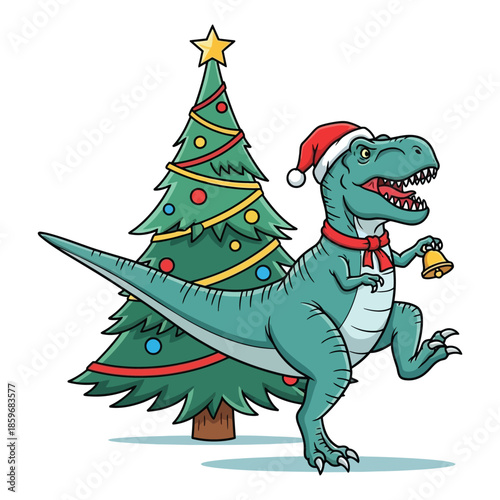 Tyrannosaurus rex dinosaur ringing a small bell standing next to a decorated fir tree