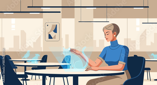 Woman interacting with a holographic cat in a modern cafe setting evokes futuristic lifestyle