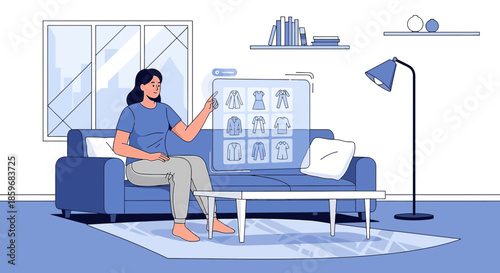 Woman interacts with augmented reality interface for seamless online clothing shopping experience