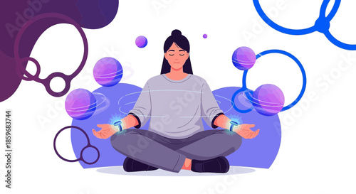 Woman meditating with digital spheres, symbolizing mental balance and technological integration in