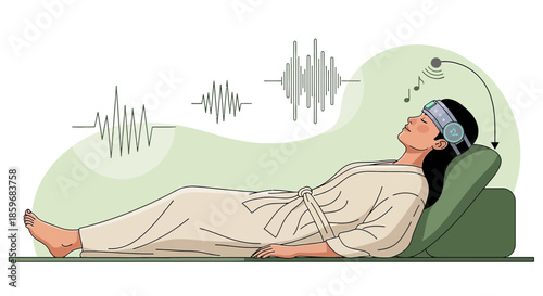 Woman undergoing brainwave entrainment therapy for relaxation and focus enhancement using binaural