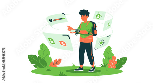 Young adult engaging with interactive augmented reality elements on smartwatch outdoor