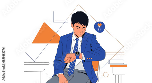 Young professional monitoring health data on smartwatch with abstract background elements