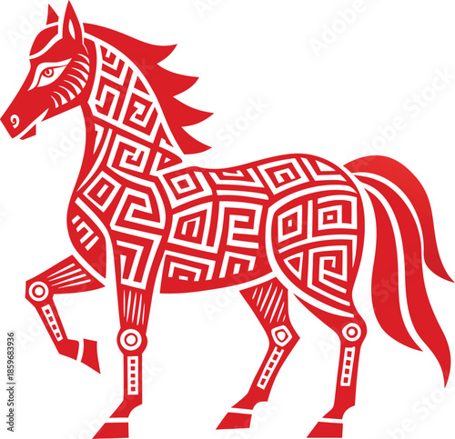 Horse Profile Filled with Traditional Chinese Wan Symbol