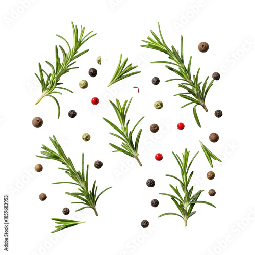 Wallpaper Mural Vibrant green rosemary, glossy black, red, and green peppercorns, and dark allspice berries scattered on a transparent background with soft shadows, top-down view, concept of elegant gourmet Torontodigital.ca