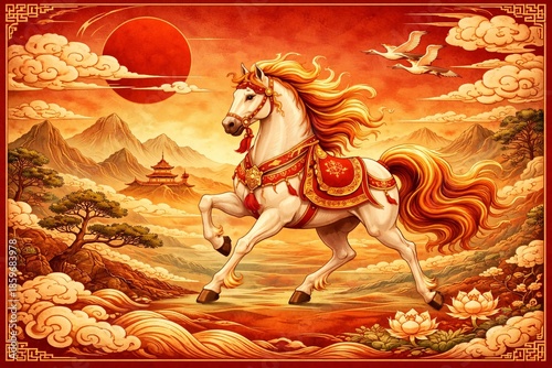 Majestic White Horse in Traditional Chinese Landscape Illustration for 2026 Lunar New Year Year of the Horse