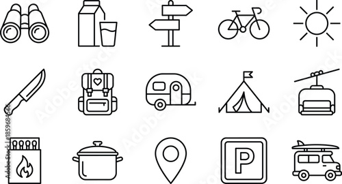 Outdoor camping and adventure icons set featuring tent, backpack, binoculars, caravan, mountain bike, sun, map pointer, and essential survival travel equipment.