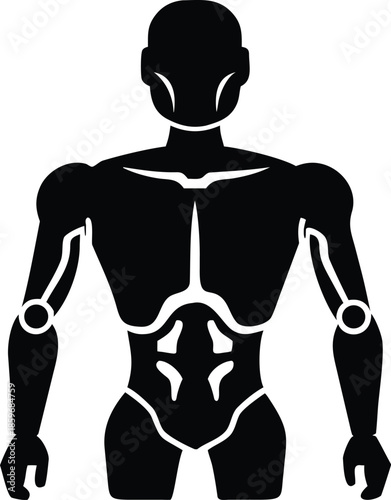 Futuristic Android Silhouette Icon Description: Minimalist black and white vector illustration of a cybernetic humanoid figure, representing artificial intelligence and future robotics technology.