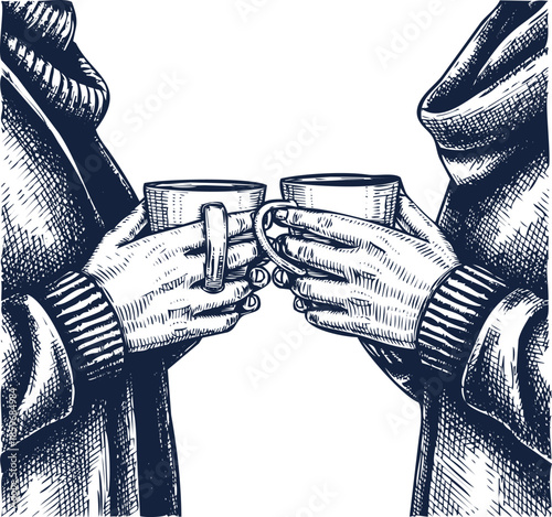 Two people toasting warm drinks holding ceramic mugs closely