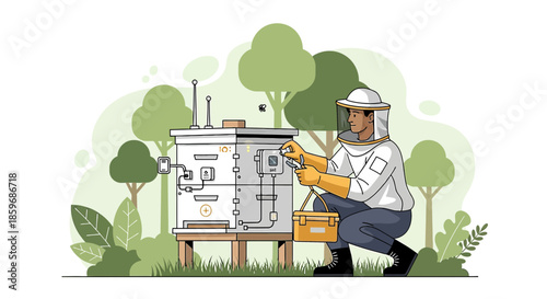 Illustration of a beekeeper managing a smart beehive with integrated technology in a rural setting
