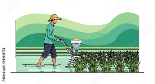 Illustration of a farmer cultivating rice paddy using automated machinery efficiently