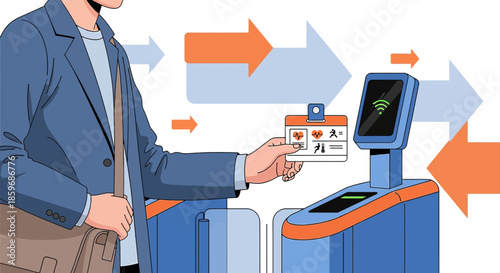 Illustration of a man using medical identification to access a secured facility entrance for