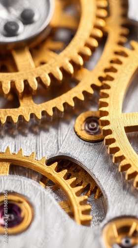 Precision Gears: A macro perspective unveils intricate clockwork gears, their golden sheen contrasting against the metal base, embodying the core of technology.