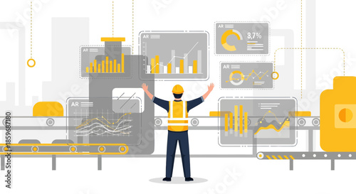 Illustrative representation of factory automation with data analysis and industrial worker