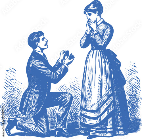 Man proposing marriage to surprised woman kneeling down