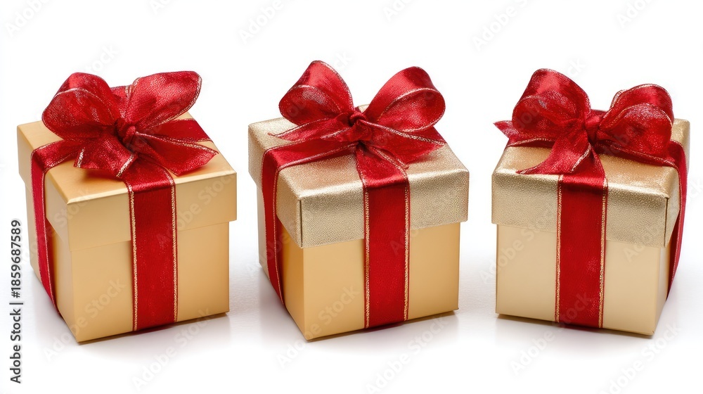 Fototapeta premium Three square gifts wrapped in white paper with red ribbons and large golden bows sit on a plain white surface
