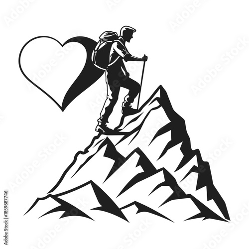 Hiker ascending mountain with heart