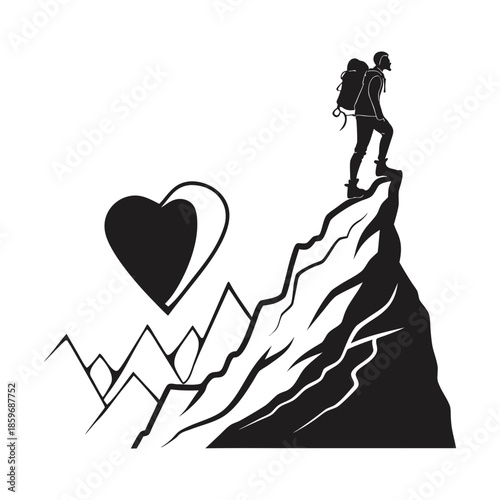 Hiker standing on mountain peak with heart
