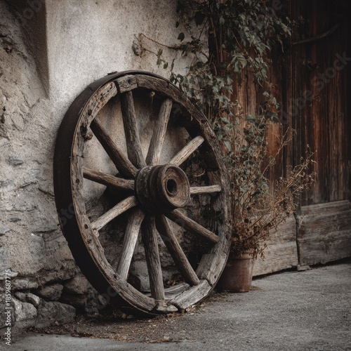 Weathered wooden wagon wheel leaning on an old stone wall with climbing plants, evoking rural heritage, tradition, and rustic atmosphere. Ideal for history, countryside, or vintage concepts
