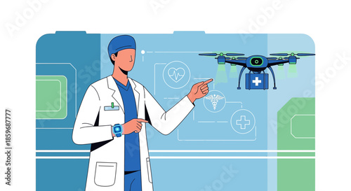 Innovation in Healthcare Delivery: Doctor Overseeing Drone Medical Supply Transport System