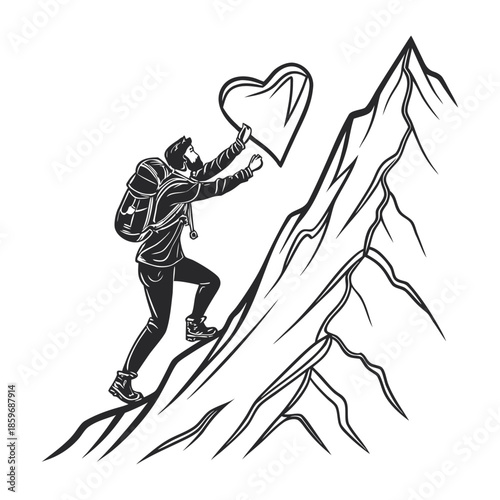 Hiker reaching for heart on mountain