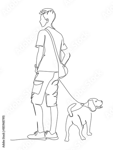 Teenager and beagle dog standing and looking at opposite directions. Continuous line drawing. Vector illustration in line art style. Editable stroke.
