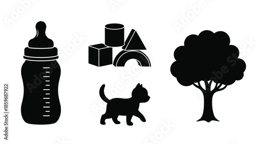 Simple black silhouette icons depicting baby items a cat and nature