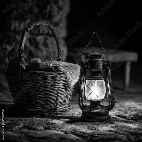 Moody black and white still life of a glowing vintage oil lantern next to a wicker basket on a stone floor, evoking rustic atmosphere, nostalgia, and quiet solitude