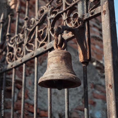 Close-up of a weathered metal bell hanging on an ornate wrought iron gate, featuring rusted textures and vintage character. Ideal for heritage, tradition, or rustic design concepts