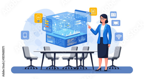 Innovative business presentation: executive analyzes data cube in virtual meeting room